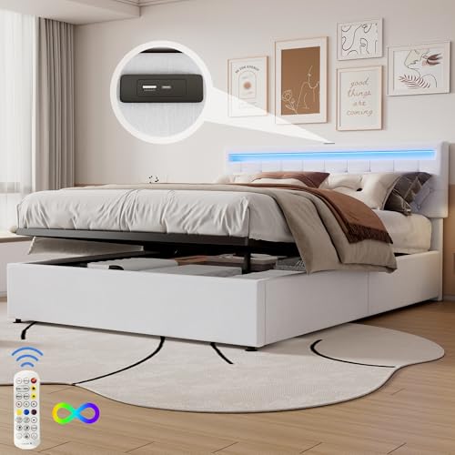 Dolamaní Doppelbett 160x200 cm, Boxspringbett mit großer Stauraum Bettkasten, Bett kann angehoben, Polsterbett, Funktionsbett, Weiß