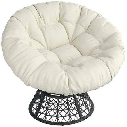 Yaheetech Papasansessel 360° Drehbar, Gemütlicher Loungesessel Outdoor Rund mit 18 cm Dicke Kissen, 101 cm Größe Rattansessel aus PE-Rattan, Korbsessel für Garten/Balkon/Wohnzimmer, Schwarz/Beige