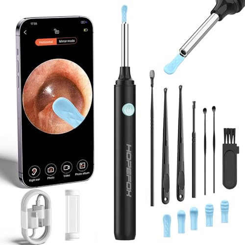 Hopefox Ohrenschmalz Entferner Otoskop, 1080P HD WiFi Ohrenreiniger mit Camera Ohr Endoskop und 6 LEDs Leuchten, Ohr Reinigung für Baby Kinder Erwachsene