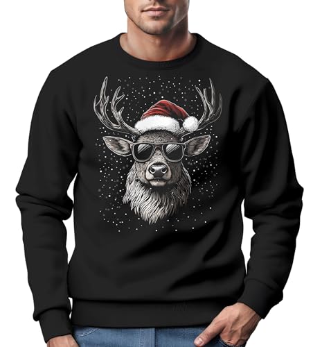 MoonWorks® Sweatshirt Herren Weihnachtspullover Aufdruck Rentier Hirsch mit Weihnachtsmütze Weihnachtsoutfit Männer schwarz XS