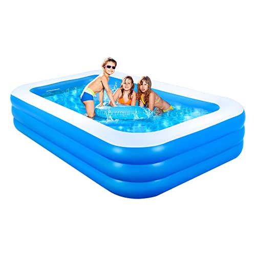 GALAXYER Aufblasbares Planschbecken, 3 Ringe Family Pool für Kinder, Kleinkinder, Erwachsene, Indoor Outdoor Garten Blau Swimmingpool, 205 × 125 × 50 cm