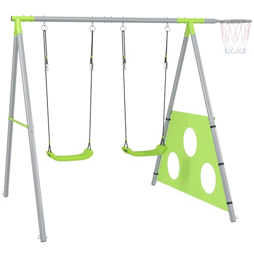AIYAPLAY 3 in 1 Schaukelgestell Outdoor Schaukelgerüst mit 2 Schaukeln, Basketballkorb, Fußballtor, Doppelschaukel Kinderschaukel mit Metallgestell, Gartenschaukel für Kinder