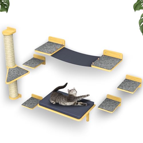 noviclass® Kletterwand Mogli Katzen XXL Set | 8-teiliges Kletterset aus Massivholz | 5X Katzentreppen, 1x Katzenbett, 1x Hängematte, 1x Kratzbaum | Robust und Langlebig | Deutscher Kundenservice