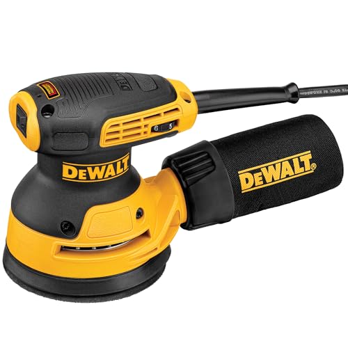 DEWALT 125 mm Exzenterschleifer (280 Watt, Vibrationsdämpfung, Sanftanlauf, Drehzahl-Konstanthaltung, Schwingkreis-ø: 2,6 mm, Staubschutz für Getriebe und Schalter, Klettfix, Staubfangsack) DWE6423-QS