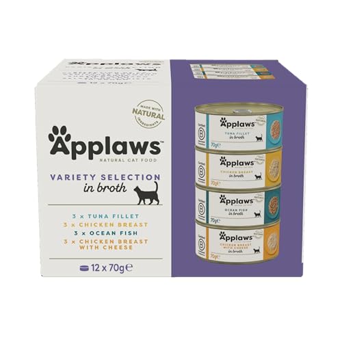 Applaws 100% natürliches Premium-Nassfutter für Katzen in Brühe für ausgewachsene Katzen - Thunfisch, Huhn, Meeresfisch Gemischte Auswahl in Brühe - Packung mit 12 x 70g Dosen
