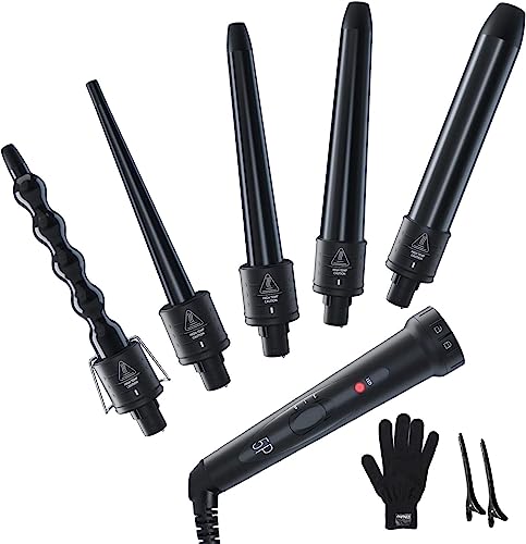 Ohuhu Lockenstab 5 in 1 Lockenwickler Set Keramikbeschichtung Multifunktions Lockenwickler Kit Austauschbare Welleisen mit Verbrühschutz-spitze und Handschuh (Schwarz)