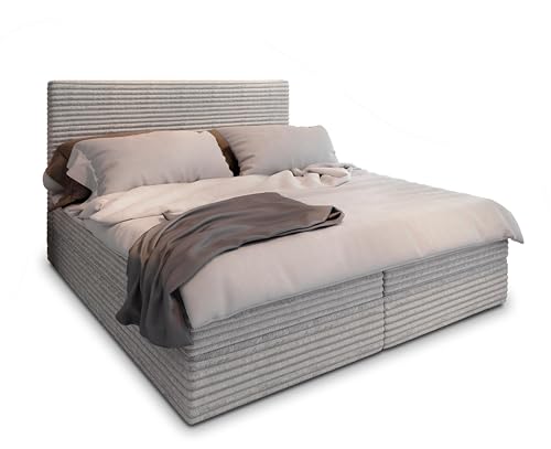 Masseno Boxspringbett PISA 140x200 cm Komplett-Set mit Matratze und Topper, Polsterbett mit Zwei Bettkästen -Hellgrau, TILIA 83