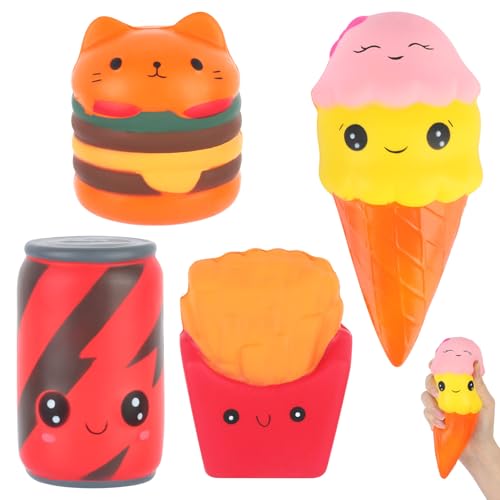 4 Stück Squishies, Squishy Spielzeug, Pommes Frites, Eiscreme, Burger Cat, Cola Squishy Toy, Slow Rising Antistress Squishies für Kinder, Erwachsene, Ostern Deko