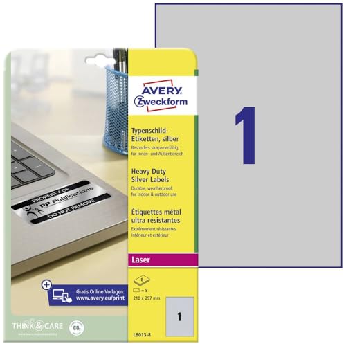 AVERY Zweckform L6013-8 Typenschild Folienetiketten (8 Aufkleber, 210x297mm auf A4, stark selbstklebend, strapazierfähig, wetterfest, bedruckbare Klebefolie, blanko) 8 Blatt, silber