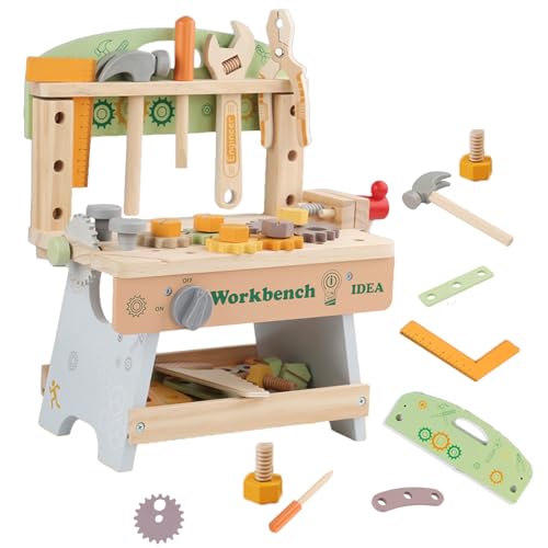 Kinder Holz Werkzeugbank Werkbank ab 2 3 4 5 6 Jahre mit 34 Werkzeuge und Zubehör, Kinder Werkzeugkoffer, Holzspielzeug ab 1 2 3 Jahre, Geburtstag Geschenk Junge Mädchen 6 7 8 9 Jahre