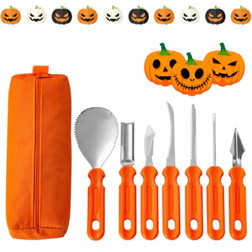 Halloween Kürbis Schnitzset, 7-teiliges Edelstahl Kürbis Schnitzwerkzeug mit Tragetasche, 7 professionelle Werkzeuge und Hochleistungs-Edelstahl, Halloween Kürbis Carving Kit für Kinder und Familie