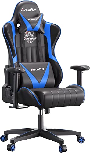 AutoFull Gaming Stuhl Schreibtischstuhl Gamer Ergonomischer Bürostuhl mit hoher Rückenlehne und Lendenwirbelstütze,PU-Leder,Einstellbare Sitzhöhe und Rückenlehnenneigung,Blau (DREI Jahre Garantie)