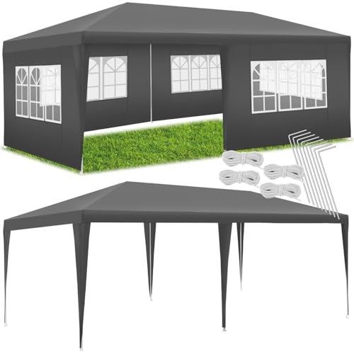 tectake® Pavillon 3x6, Pavillon mit 5 abnehmbaren Seitenteilen mit Fenstern, wasserdichte Plane mit UV-Schutz, inkl. Spannseile & Heringe, Partyzelt für Garten Party Festival Event Hochzeit - grau