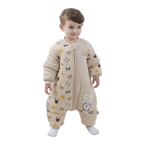 Baby Schlafsack mit Beinen Warm gefüttert Winter Kinder Schlafsack abnehmbaren Ärmeln，Junge Mädchen Unisex Schlafanzug (Bear,6-18 Monate(Baby Height 75-85cm))