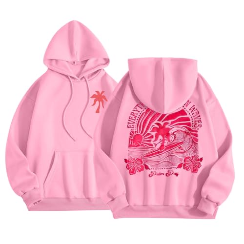 Blitzangebote Des Tages, Pink Palm Puff Hoodie Oversize Sweatshirt - Rückendruck Pullover Mit Kapuze Langarm Kapuzenpullover Y2K Streetwear Für Mädchen Hoodies Pink College-Jacke,S-Xxl Rosa Xl