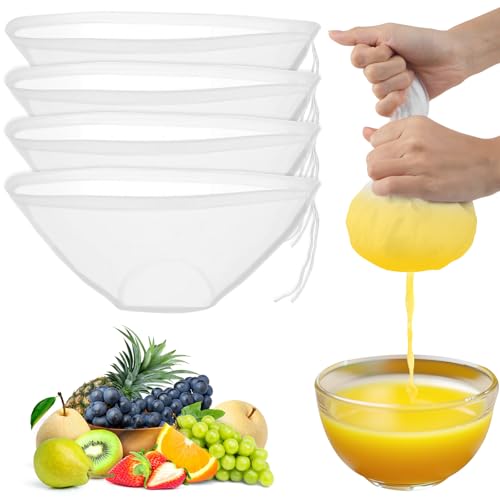 Nussmilchbeutel, 4 Stück Passiertuch Wiederverwendbar, Schüsselform Passiertuch Nylon Filterbeutel Nussmilchbeutel Bio Waschbar mit Kordelzug für Nussmilch Käse Kaffee Joghurt Fruchtsaft