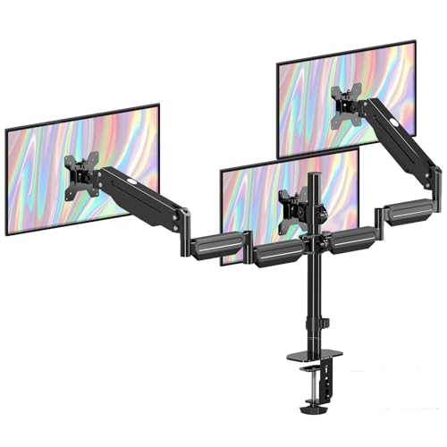 Pholiten Monitorhalterung 3 Monitore, Höhenverstellbarer Triple Monitor Stand, Bildschirmhalterung 3 monitore, Gasfeder-Monitor Arm für 3 Monitore 17-27 Zoll LCD Bildschirme bis 6kg pro Arm MD8003