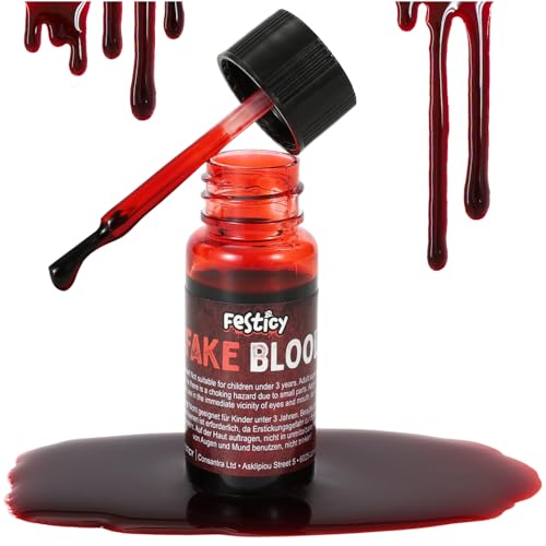 Festicy authentisches Kunstblut 15ml I Realistisches Fake Blut mit Applikatorpinsel 2024 Edition I Halloween Kunstblut Vampir- und Zombiekostüme I auswaschbar, sicherI Kunstblut für Kleidung Haut