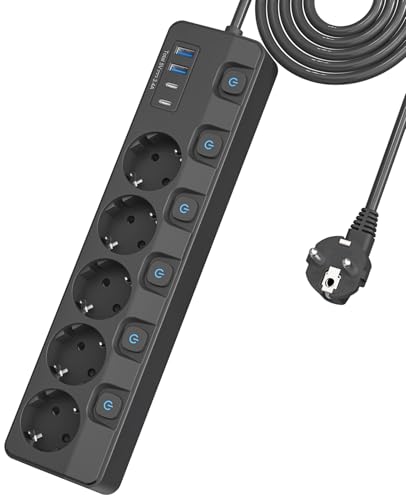 5 Fach Mehrfachsteckdose mit Schalter einzeln schaltbar,KEPLUG Steckdosenleiste mit 4USB überspannungsschutz wandmontage,Steckerleiste 2 m Büro,küche,Tisch