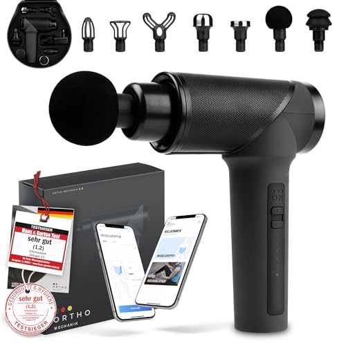 OrthoMechanik® 3.0 | OrthoGun | Hochwertige Massagepistole mit App & 7 Aufsätzen I inkl. Koffer | 160W Motor & 5 Intensitäten für Schmerzlinderung & Entspannung I Bis zu 360 Min. Laufzeit