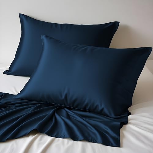 LINENWALAS Kissenbezüge aus 100 % Bio-Bambus, weiche Bambusseide, Kissenbezüge für Haar und Haut, Standardgröße, kühlende Kissenbezüge (50,8 x 76,2 cm, Marineblau), 2 Stück