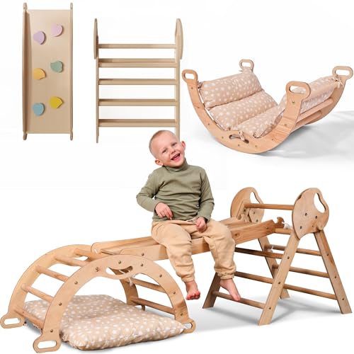 5-in-1 Montessori Klettergerüst Set: Indoor Kletterdreieck, Kletterbogen mit Kissen, und Rutsche für Kinder, Indoor Spielplatz 1-3 Jahre