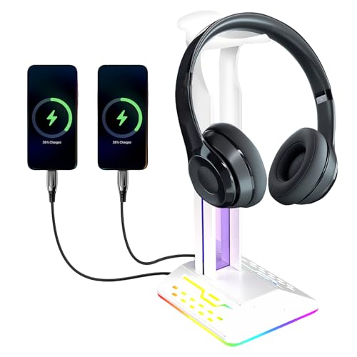 LEKEFETO RGB Gaming Kopfhörer Ständer: RGB Headset Halterung mit 2 USB + Type-C Ports, LED-Beleuchtung Headset Halterung, Universal für alle Headsets (PC, PS5, Xbox) – Weiß