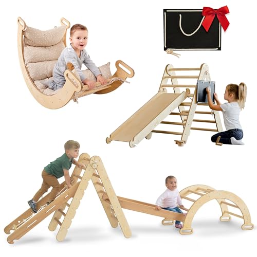 Goodevas 5-in-1 Montessori Klettergerüst Set: Indoor Kletterdreieck, Kletterbogen mit Kissen, Kletternetz und Rutsche für Kinder, Indoor Spielplatz 1-5 Jahre (XL-Größe)