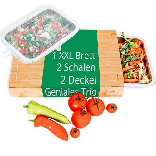 Premium Schneidebrett Holz – Holz Schneidebrett mit Auffangschalen und Deckeln | praktisches Küchenzubehör & Must-Have Küchen Gadgets | Holzbrett Küche, Cutting Board, Holzschneidebrett