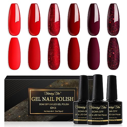 Shining She UV Nagellack Rot,6 Farben Glitzer Rot Burgunder Dunkel Gel Nagellack Set Soak-Off UV Schellack nagellack Maniküre Set für Anfänger Nail Art Salon DIY, 8ML