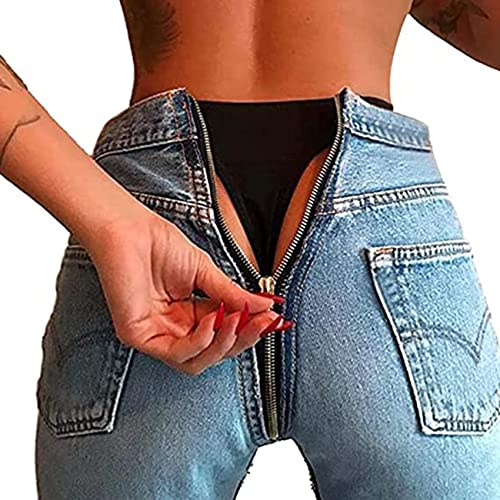 NLAVW Damen-Jeans mit Reißverschluss hinten, Skinny-Denim-Hose, Dehnbare Jeggings, hohe Taille,Light Blue,XXL