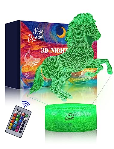 Nice Dream Pferd Nachtlicht für Kinder, 3D Illusion Lampe Kinderzimmer LED Licht, Fernbedienung 16 Farbwechsel Dimmbar, Kinder Schlafzimmer Dekor, Geschenk für Mädchen Junge