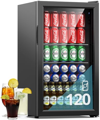 WIE Getränkekühlschrank Mini Kühlschrank mit Doppelte Glastür mit Verstellbaren Ablagen Indoor Outdoor Klein Bierkühlschrank Wendetür Leise 86 Liter 120 Dosen für Soda/Bier für Zuhause/Küche/Bar/Büro