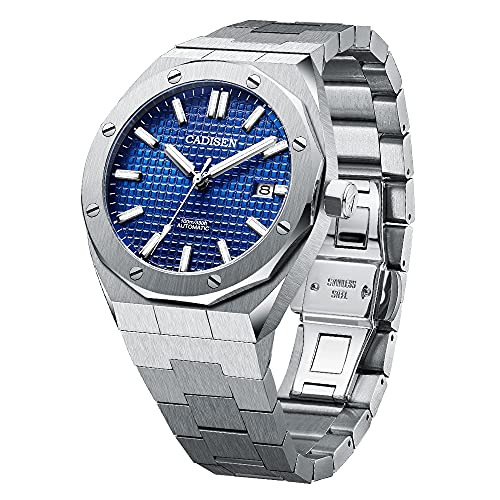 CADISEN Automatik Uhr Herren Saphirglas 100M Wasserdicht Armbanduhr (Blaues Gitter)