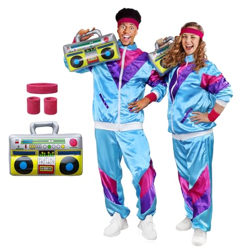 Funnlot 80er Jahre Outfit - 6pcs Kostüm Trainingsanzug für Erwachsene, Fasching Karneval, Damen Herren Paar, Retro Jacke, Accessoires XL
