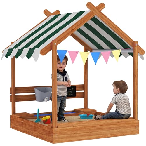 Outsunny Sandkasten mit Dach, Sandkiste aus Holz mit Sitzplatz, Spielhaus, 124 x 116 x 146 cm Sandbox mit Tafel für 3-7 Jahre Kinder, Garten, Grün