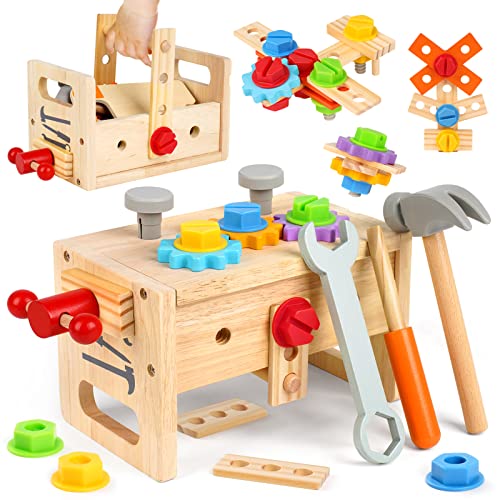 Vanplay Holzspielzeug Werkzeugkoffer Kinder Werkzeug Werkzeugkasten Kinder mit Farbige Holzwerkzeuge Kinderspielzeug ab 2 3 4 5 6 Jahre Jungen Mädchen (30STK)