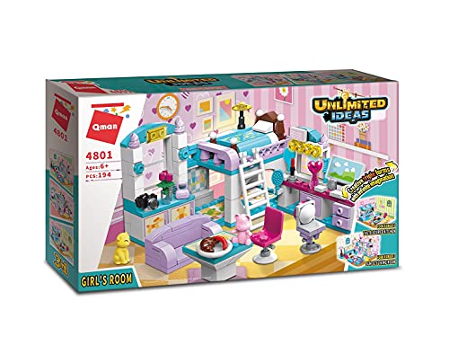 Qman 4801 Unlimited Ideas Girls Room Mädchenzimmer 3in1 Klemmbaustein-Set für Mädchen Kinder ab 6 Jahre