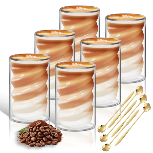 twoant Latte Macchiato Gläser Twill Doppelwandig 400ml 6er Pack mit 6 Löffeln Doppelwandige Kaffeegläser Cappuccino Tassen Glas Spiralförmig Thermogläser Teegläser aus Borosilikatglas