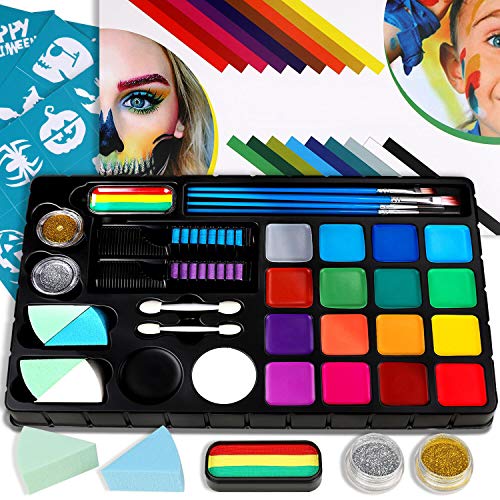 Bodypainting Schminke & Gesicht Farben Kinder Schminke Fasching Make-up Palette-Safe & ungiftig Easy Wash, 18 Farben 28 Schablonen mit 4 Pinsel für Maskerade Halloween, Karneval, Weihnachten