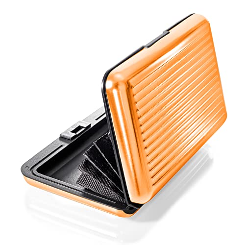 VALLET® Kreditkartenetui aus Aluminium - für Damen und Herren - blockiert RFID und NFC – für Kreditkarten Personalausweis EC-Karten - kartenetui kartenhülle portmonee geldbörse (orange)