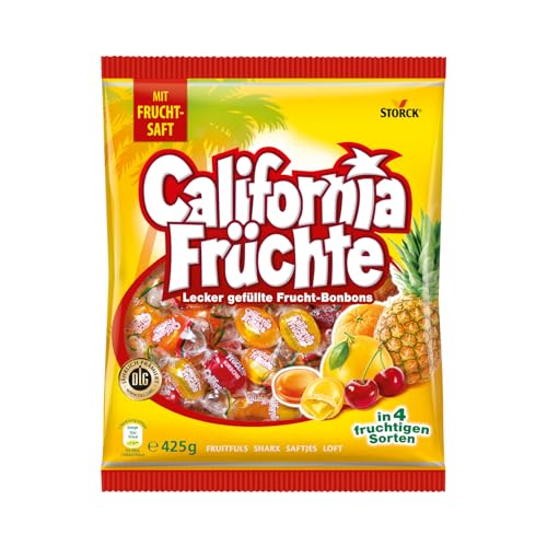 California Früchte – 1 x 425g – Gefüllte Bonbons mit Fruchtsaft – In vier verschiedenen Sorten