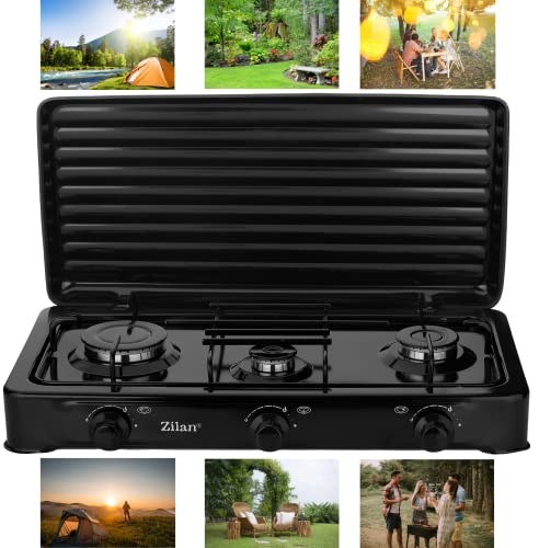 Gaskocher Camping & Outdoor 3-Flammig Gaskochfeld 30-50mbar Gasherdplatte Gas Kochplatte - abnehmbarer Deckel -Campingkocher für Gasflasche (3-Flammig)