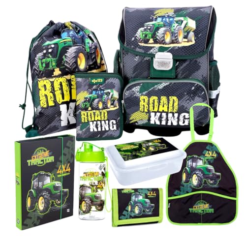 Traktor Schulranzen Trecker Ranzen Tornister 8 Teile Set Federtasche Tasche Federmappe mit Sticker-von-Kids4shop