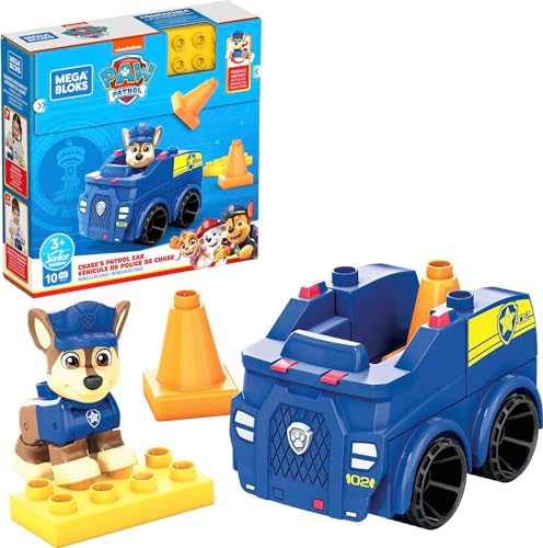 Mega HDJ33 Bloks PAW Patrol Polizeiauto-Bausatz, 10 Bauklötze und Sonderteile mit 1 Chase-Figur, Pylonen-Kegel und rollendem Radstand, Spielzeug-Geschenkset für 3-5 Jahre