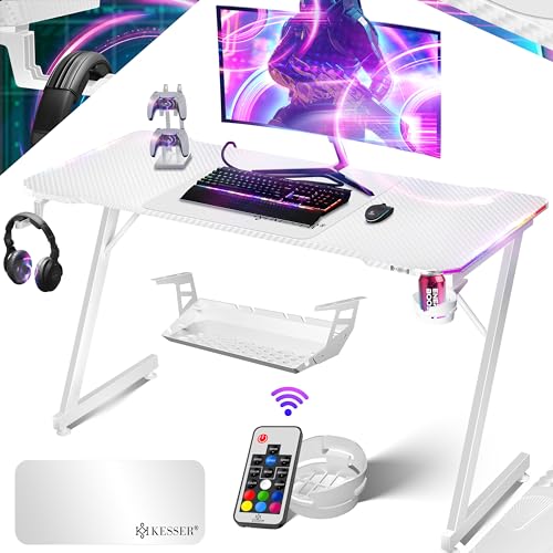 KESSER® Gaming Tisch LED 140cm x 60cm | Z-Form Gamer Schreibtisch | Kopfhörerhaken & Kohlebeschichtung | Ergonomischer PC Computertisch | Stabiler Tisch & Getränkehalter Weiß