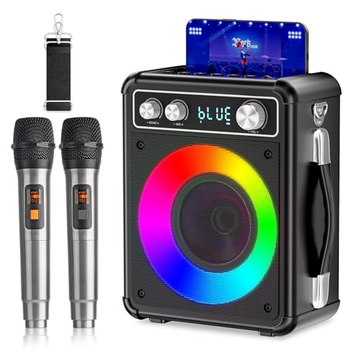 Tragbare Karaoke Maschine mit 2 Drahtlosen Mikrofone, Ankuka Bluetooth Lautsprecher Box für Erwachsene/Kinder mit LED Lichteffekte, Unterstützt TF/USB, FM, Rec, AUX in, TWS für Party, Geburtstag