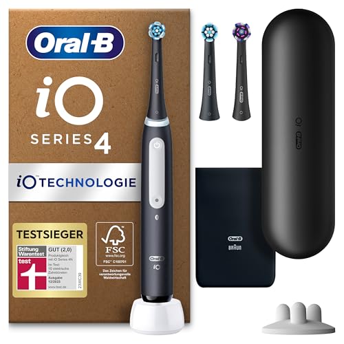 Oral-B iO Series 4 Plus Edition Elektrische Zahnbürste/Electric Toothbrush, PLUS 3 Aufsteckbürsten, 4 Putzmodi für Zahnpflege, Reiseetui, Designed by Braun, matt schwarz