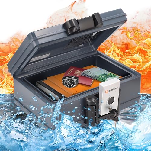Brihard zertifizierte Dokumentenkassette 2013, A5 - wasserdichte & feuerfeste Dokumentenbox mit Schlüssel, für Wertgegenstände & Dokumente, tragbarer Safe mit Griff – H 15,4 x B 35,4 x T 28,2 cm