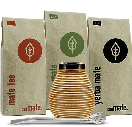 Mate Tee Set Keramik ● 3 Bio Matesorten + Matebecher + Bombilla + Zubereitungsanleitung (Vintage)